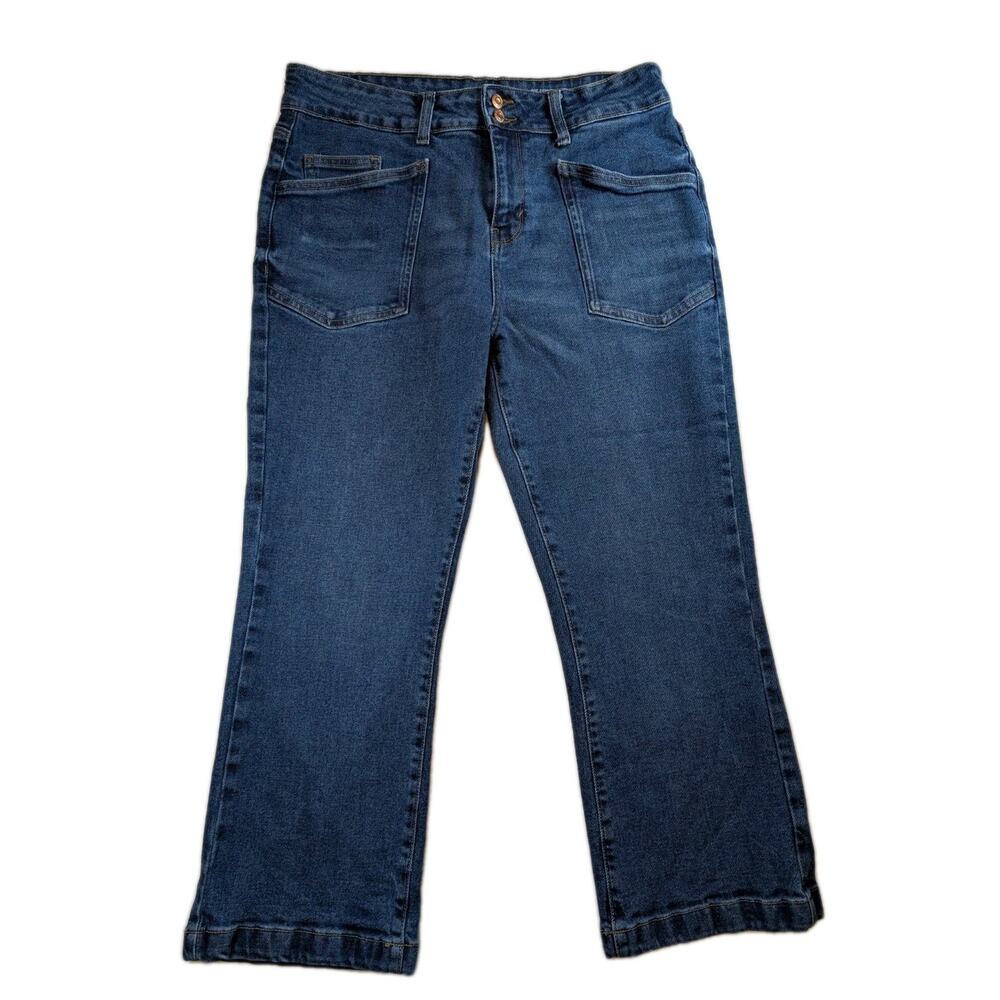 Women’s Kensie High Rise Flare Crop Jeans Blue Size 10 Modern Chic Patch Pockets